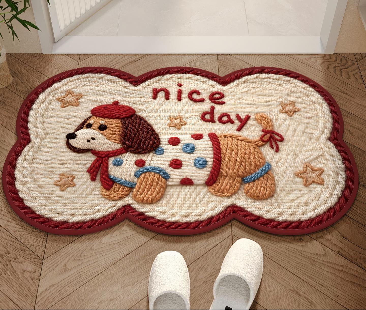 Cute Puppy Faux Yarn Woven Non-Slip Absorben Decorativet Floor Mat Bath/Entryway Rug