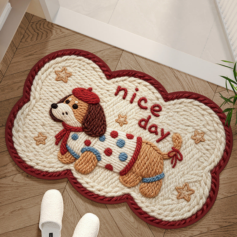 Cute Puppy Faux Yarn Woven Non-Slip Absorben Decorativet Floor Mat Bath/Entryway Rug